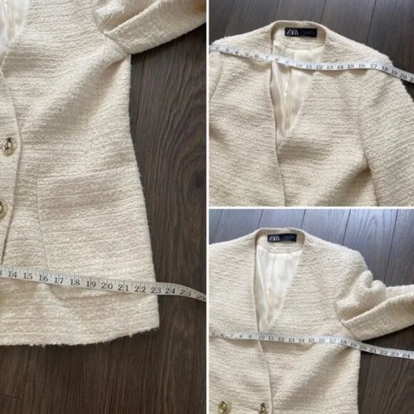 ZARA Metallic ECRU Gold Textured Tweed Double Breasted Frock Blazer - Picture 9 of 13